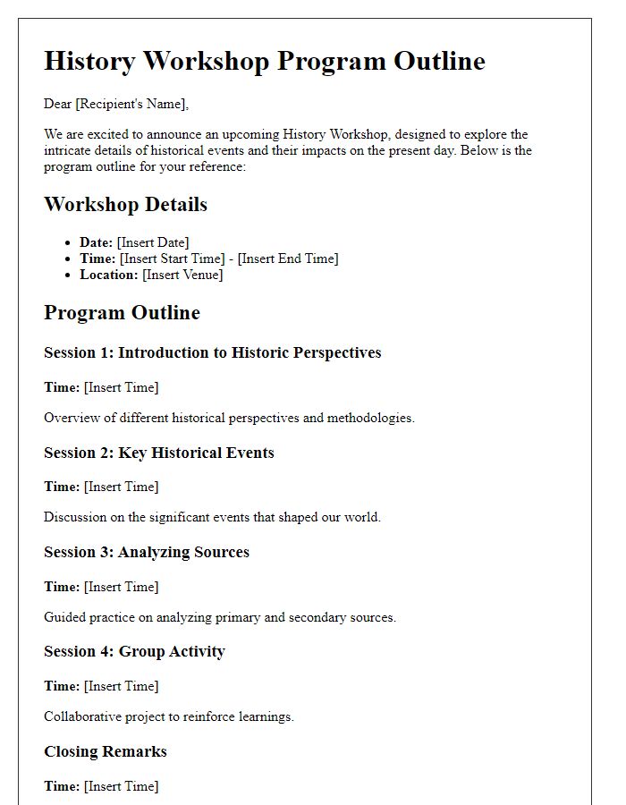 Letter template of program outline for history workshop