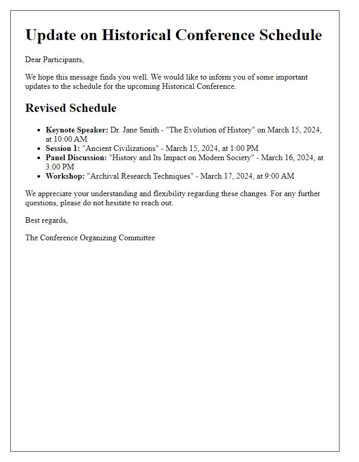 Letter template of update for historical conference schedule