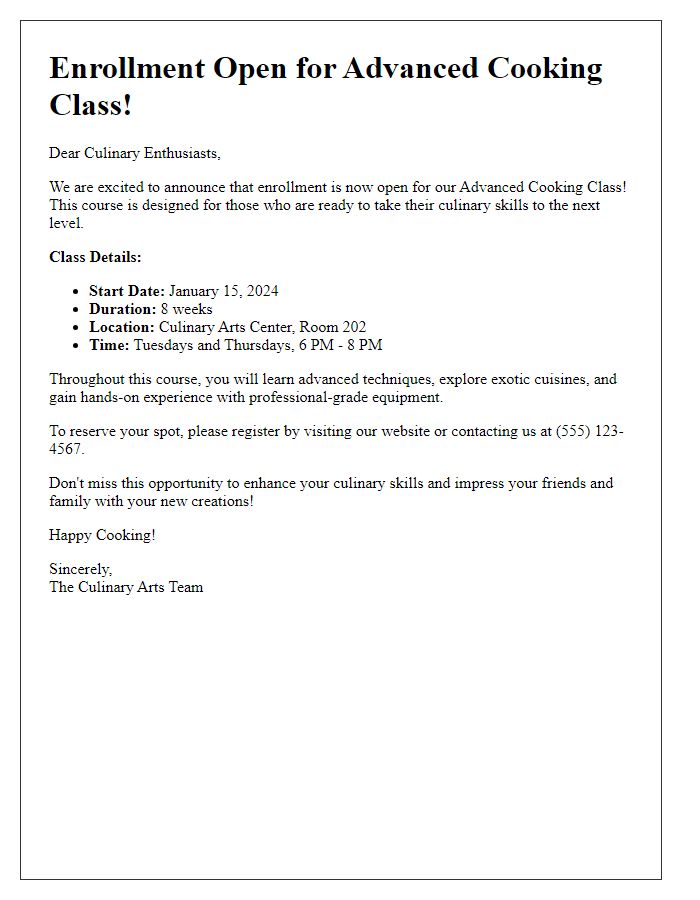 Letter template of advanced cooking class enrollment announcement