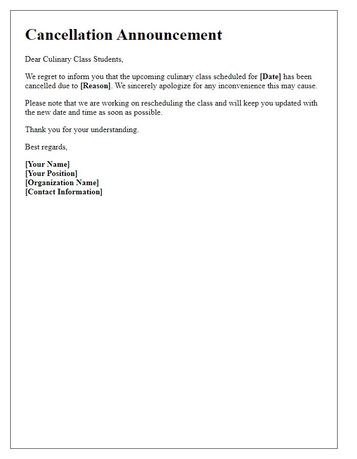 Letter template of culinary class cancellation announcement