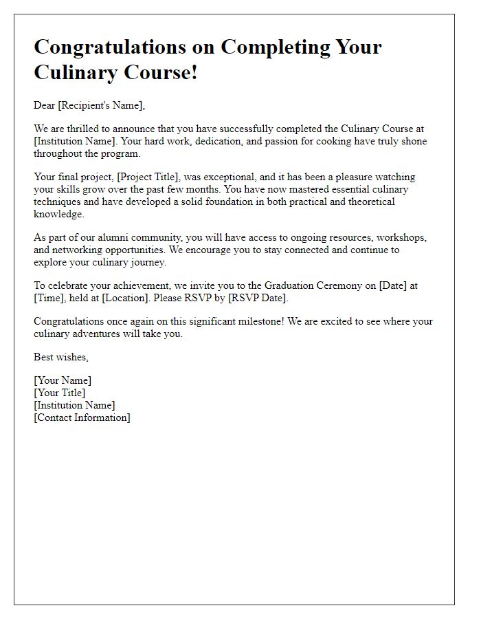 Letter template of culinary course completion announcement