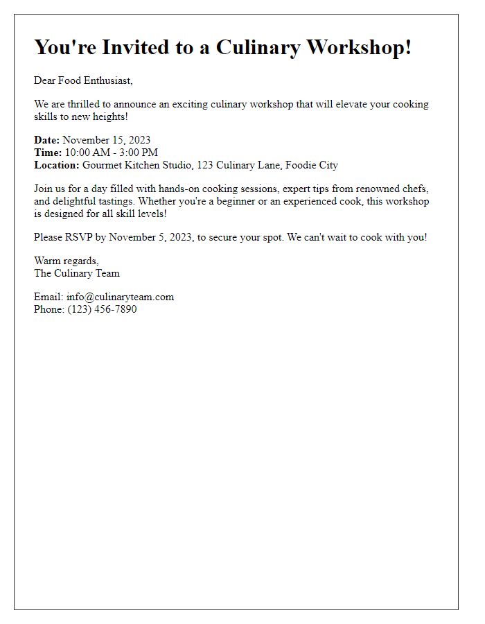 Letter template of culinary workshop invitation announcement