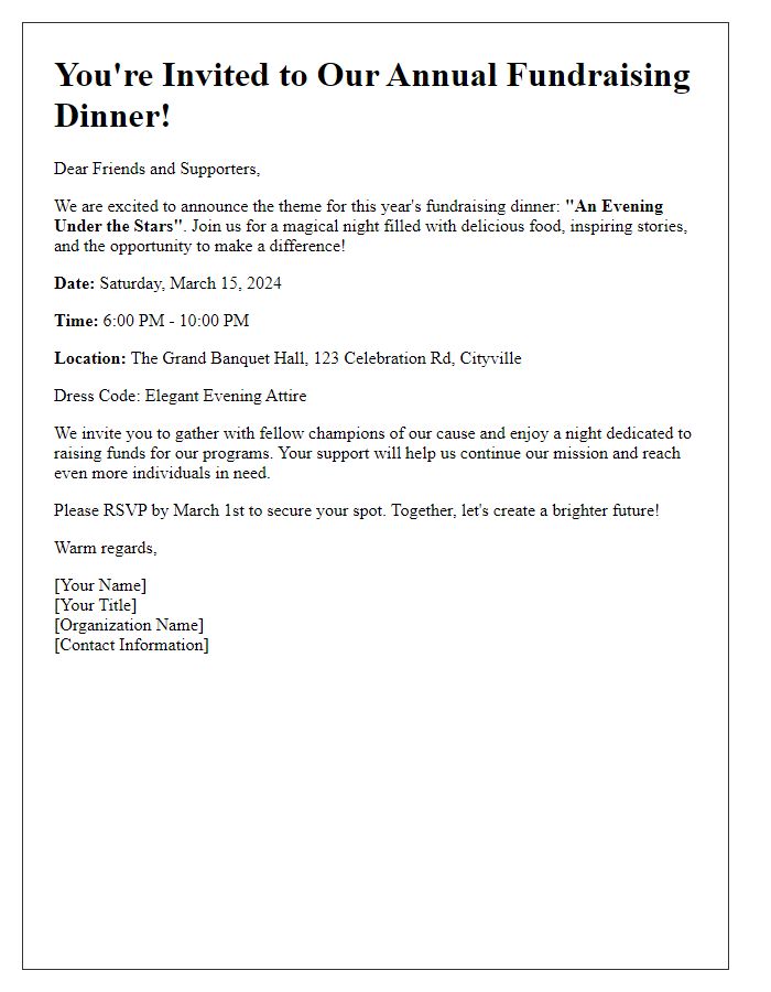 Letter template of fundraising dinner theme announcement.