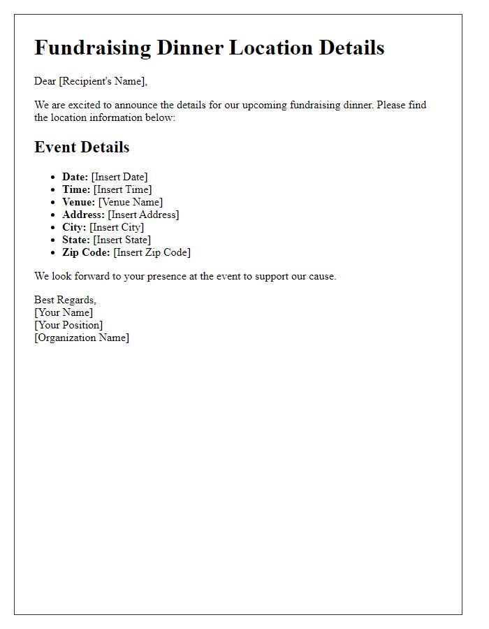 Letter template of location details for the fundraising dinner.