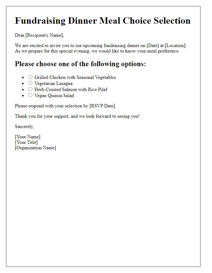 Letter template of meal choice selection for the fundraising dinner.