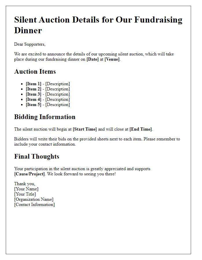 Letter template of silent auction details for the fundraising dinner.