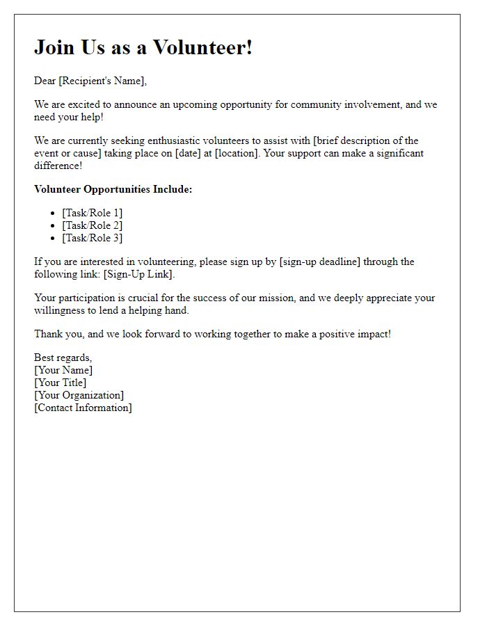 Letter template of Sign-Up Call for Volunteers Needed