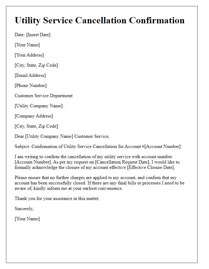Letter template of utility service cancellation confirmation for account closure