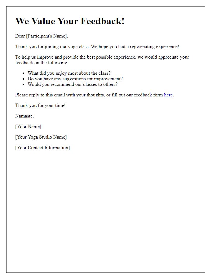 Letter template of Yoga Class Feedback Request