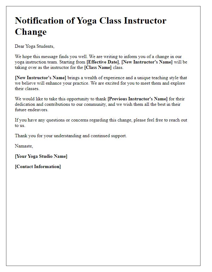 Letter template of Yoga Class Instructor Change