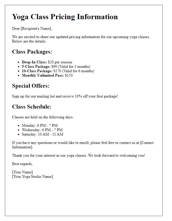 Letter template of Yoga Class Pricing Information