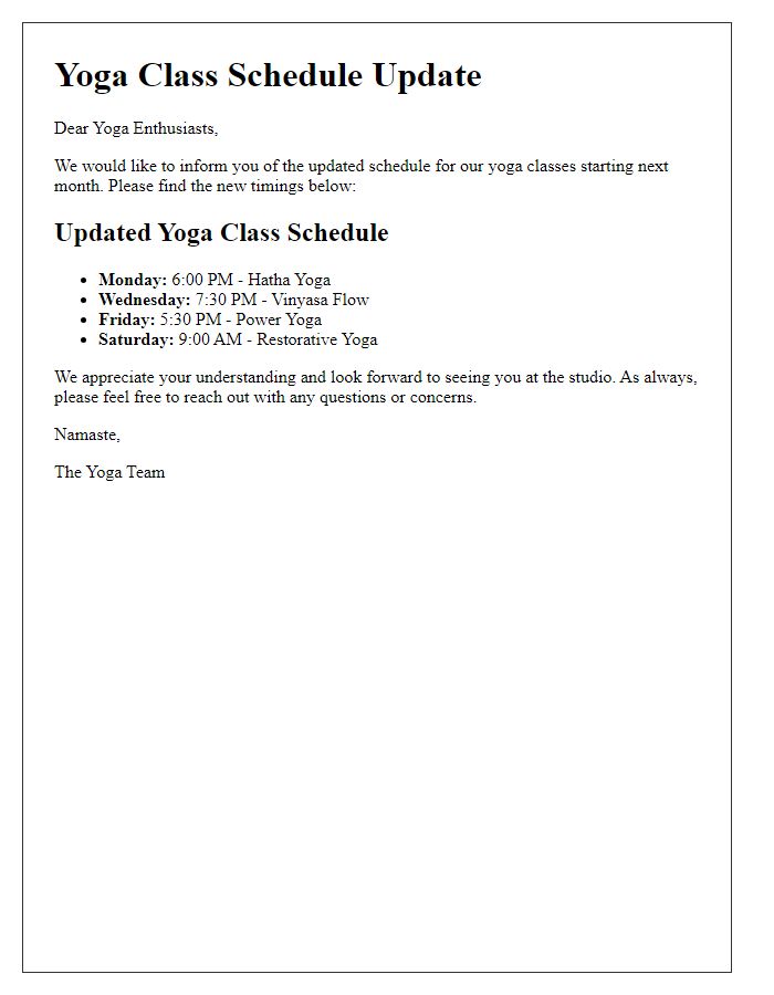 Letter template of Yoga Class Schedule Update