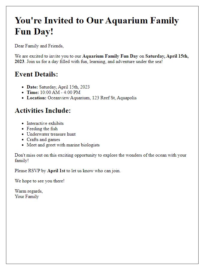 Letter template of aquarium family fun day invitation