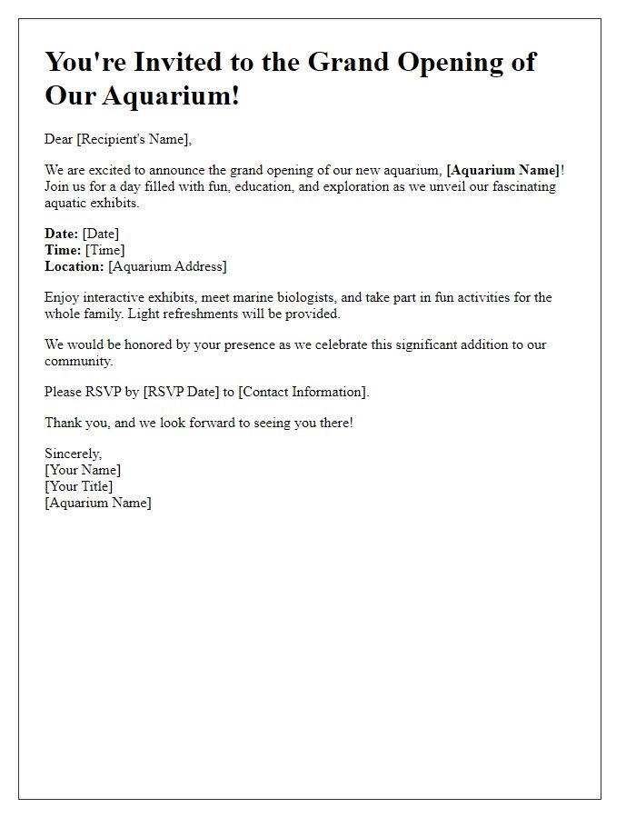 Letter template of aquarium grand opening celebration