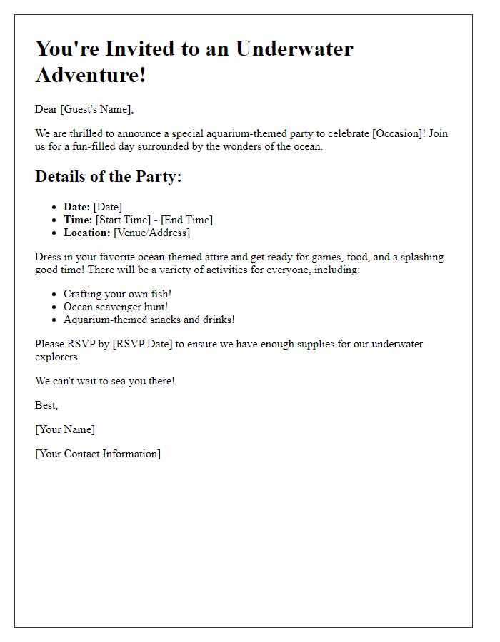 Letter template of aquarium themed party notification