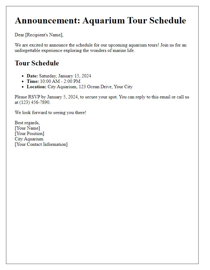 Letter template of aquarium tour schedule announcement