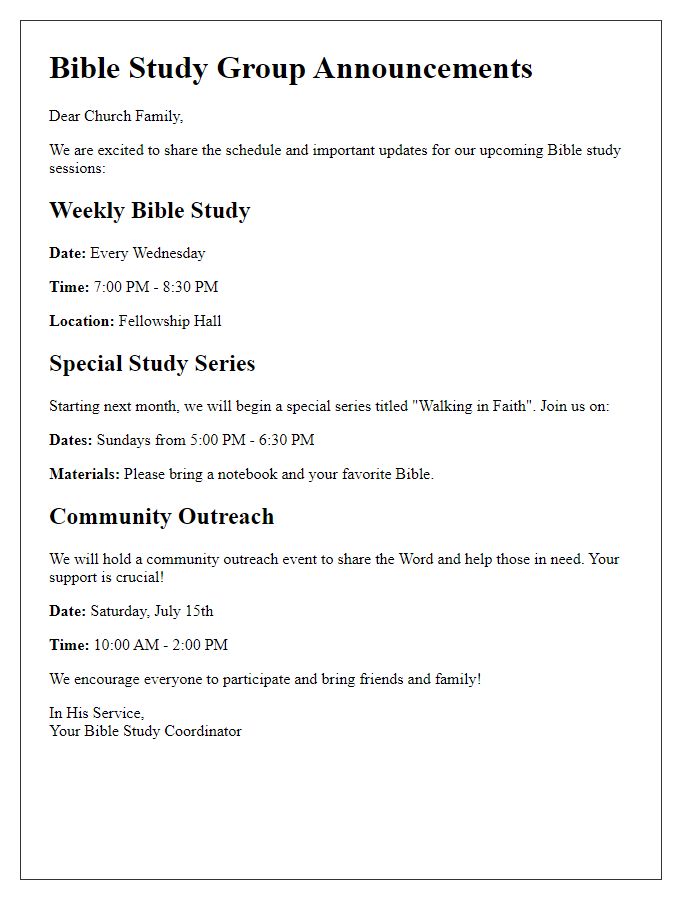 Letter template of Bible study group church service announcements