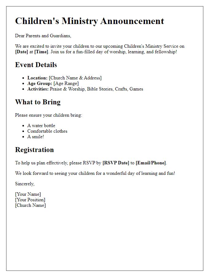 Letter template of children's ministry church service announcements