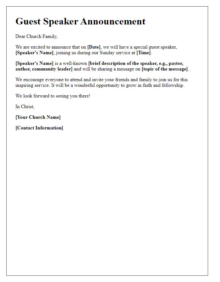 Letter template of guest speaker church service announcements