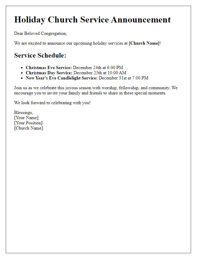 Letter template of holiday church service announcements