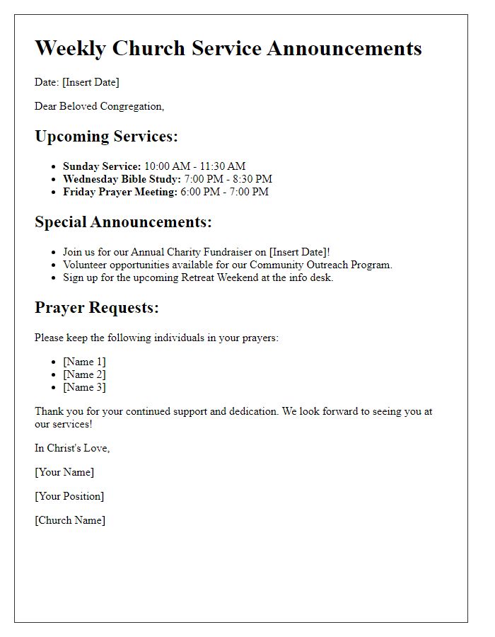 Letter template of weekly church service announcements