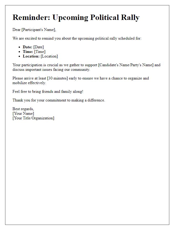 Letter template of political rally reminder for participants