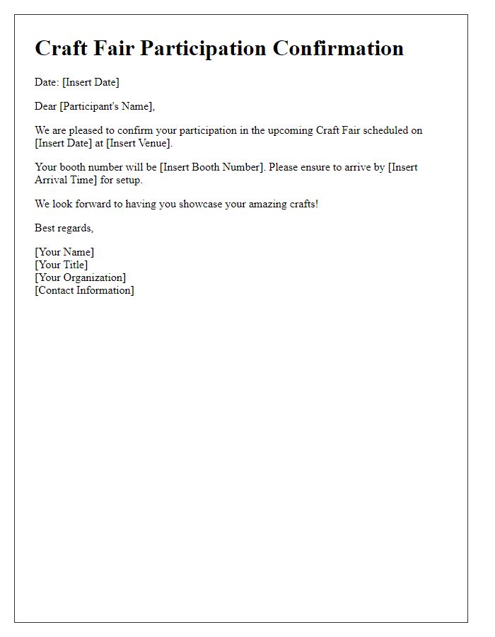 Letter template of Craft Fair Participation Confirmation