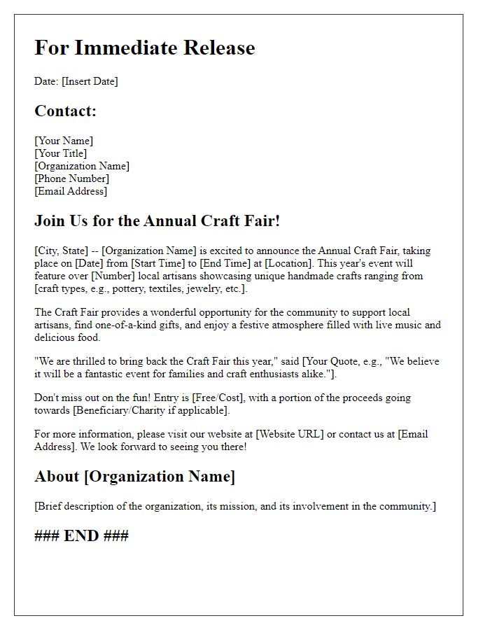 Letter template of Craft Fair Press Release