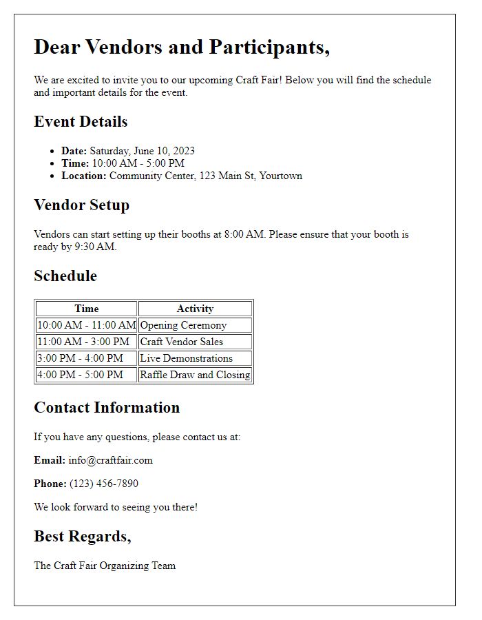 Letter template of Craft Fair Schedule and Details