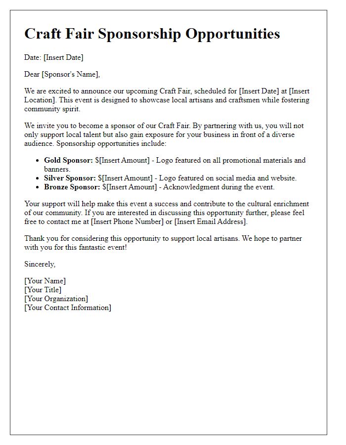 Letter template of Craft Fair Sponsorship Opportunities