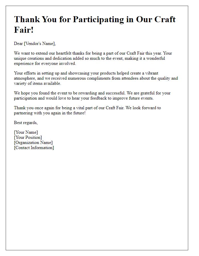 Letter template of Craft Fair Thank You to Vendors