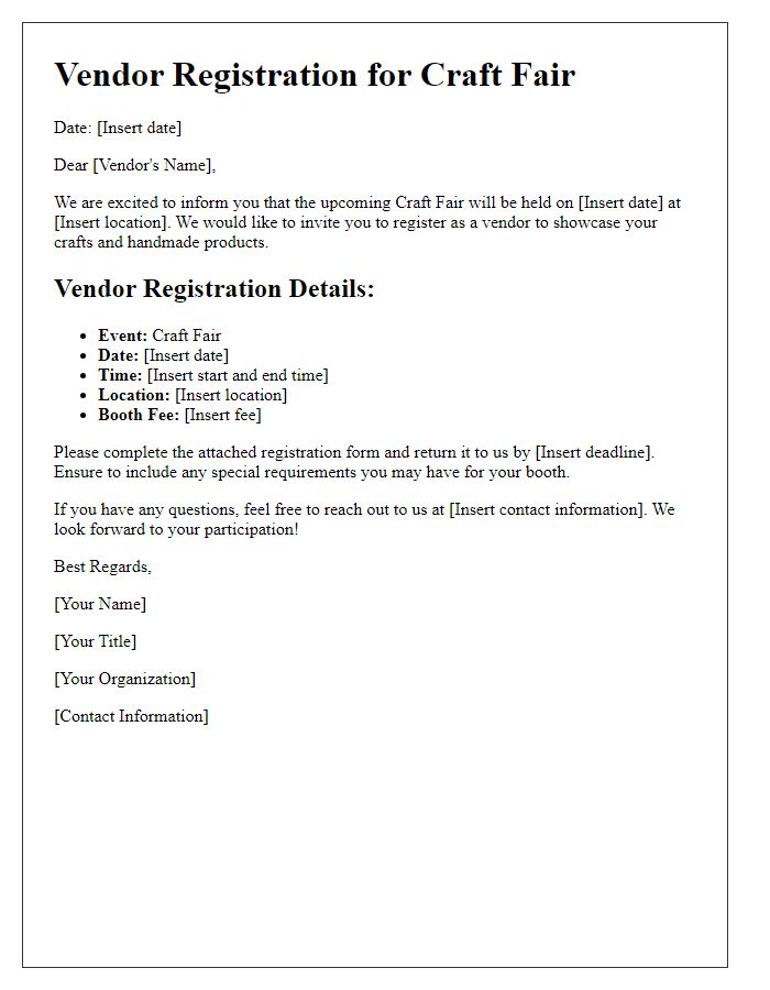 Letter template of Vendor Registration for Craft Fair