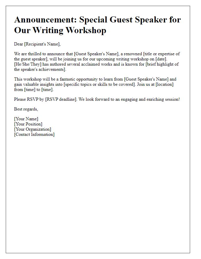 Letter template of guest speaker announcement for writing workshop