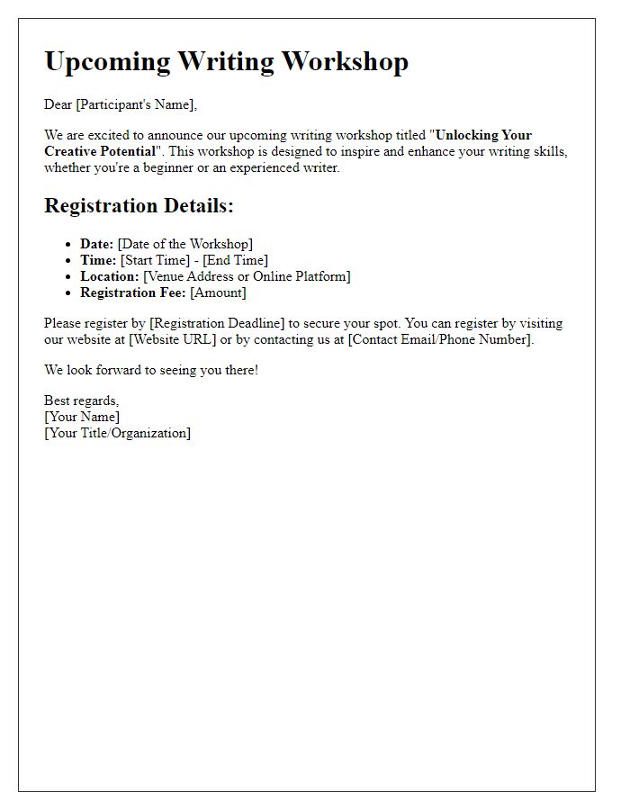 Letter template of upcoming writing workshop registration details