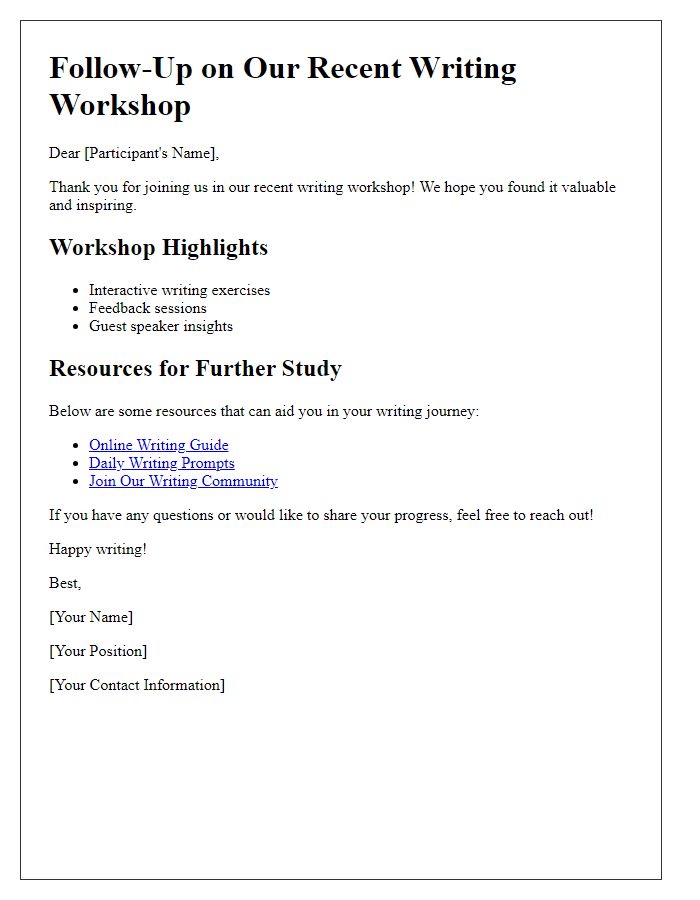 Letter template of writing workshop follow-up and resources