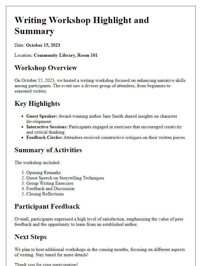 Letter template of writing workshop highlight and summary