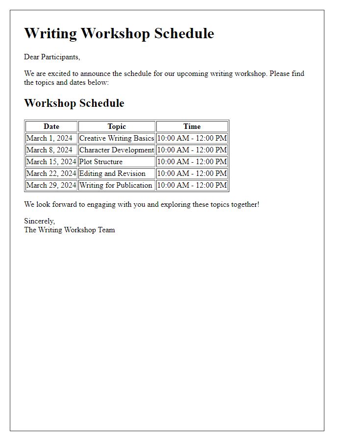 Letter template of writing workshop schedule and topics