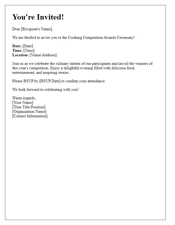 Letter template of cooking competition awards ceremony invitation