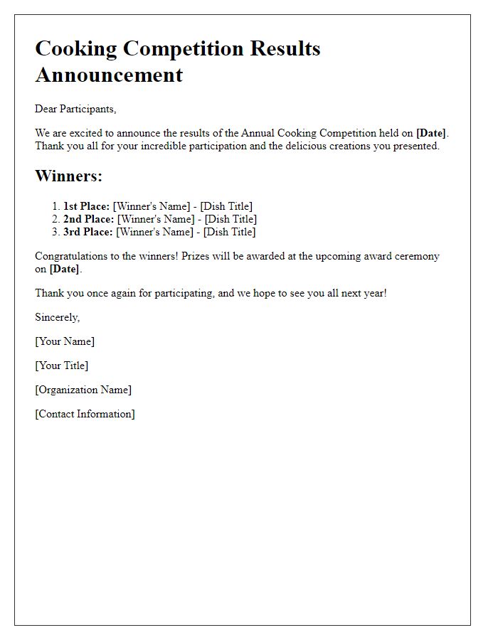 Letter template of cooking competition results announcement