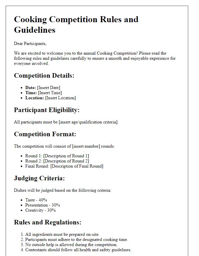 Letter template of cooking competition rules and guidelines