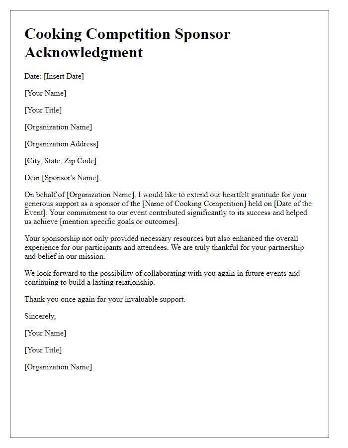 Letter template of cooking competition sponsor acknowledgment