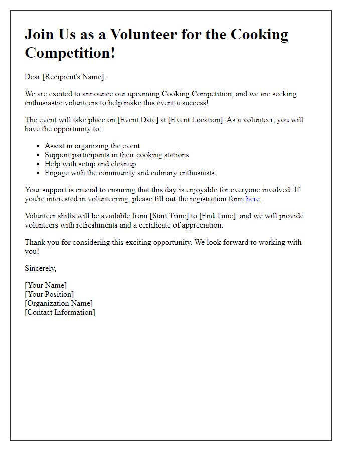 Letter template of cooking competition volunteer recruitment