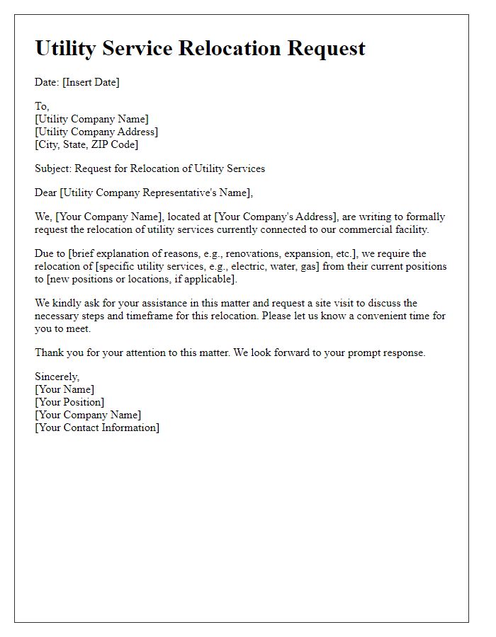 Letter template of utility service relocation request for commercial facility.