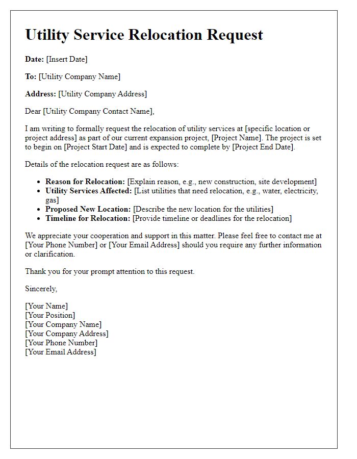 Letter template of utility service relocation request for expansion project.