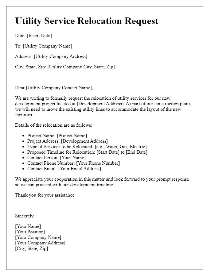 Letter template of utility service relocation request for new development.