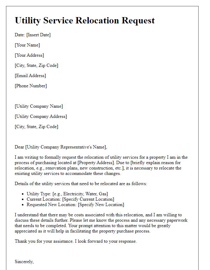 Letter template of utility service relocation request for property purchase.