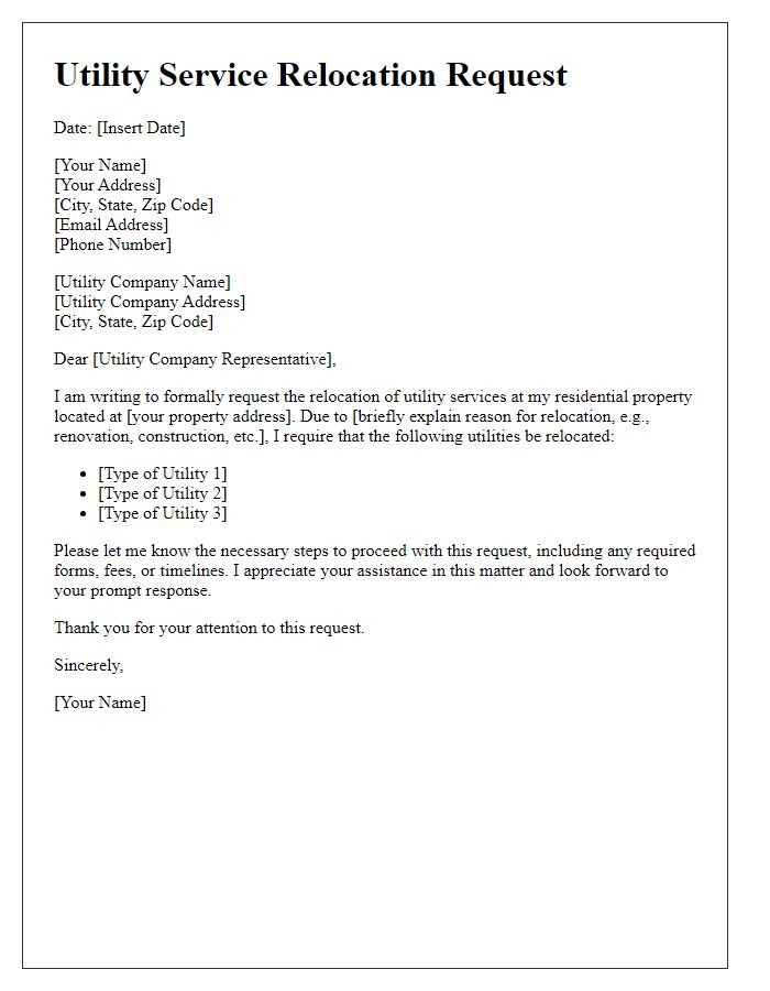 Letter template of utility service relocation request for residential property.