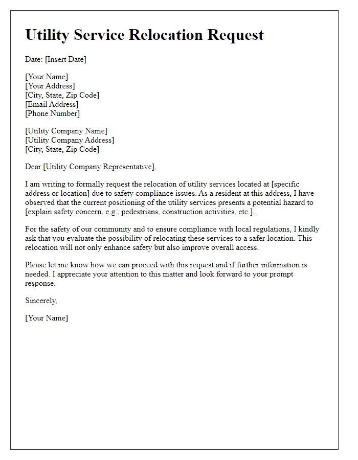 Letter template of utility service relocation request for safety compliance.