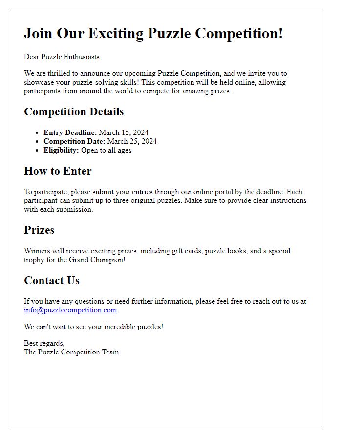 Letter template of puzzle competition call for entries for online platforms.