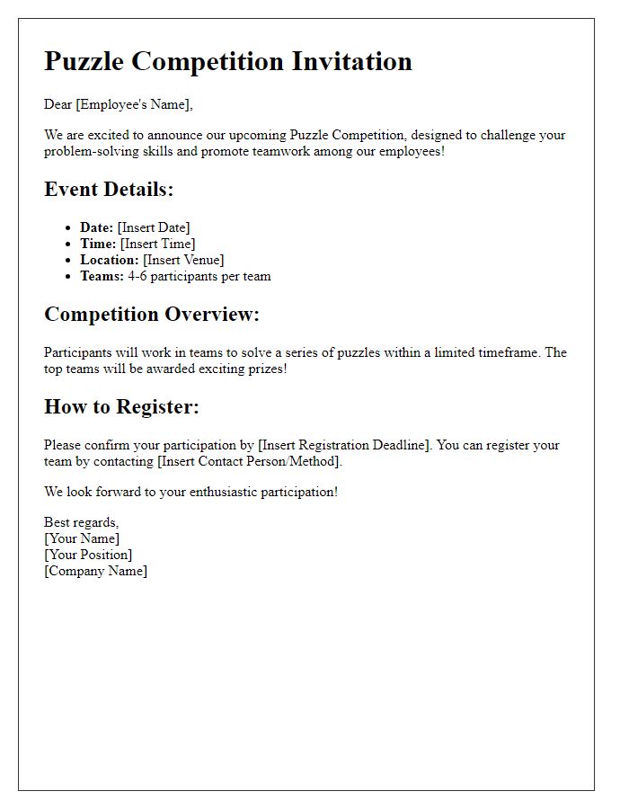 Letter template of puzzle competition details for corporate events.